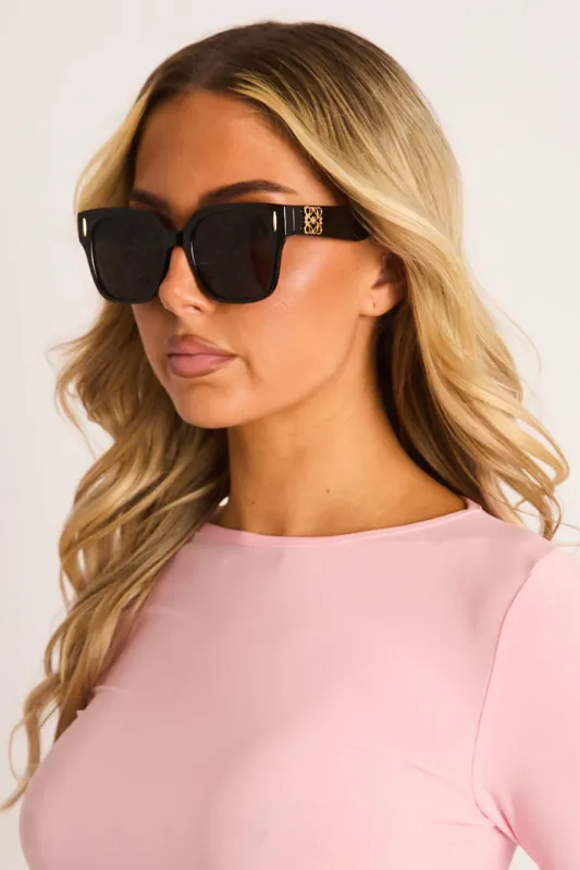Black Logo Detail Oversized Square Sunglasses - Lorena made by Rebellious Fashion