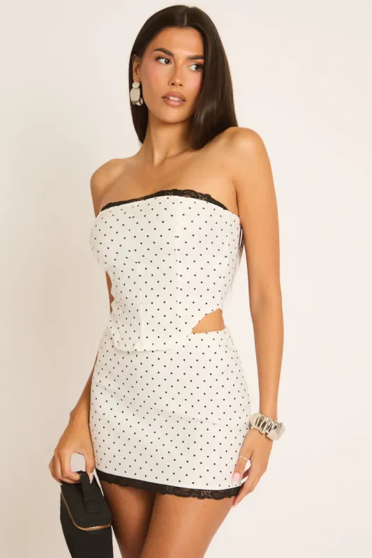 White Polka Dot Lace Trim Corset Top and Mini Skirt Co-ord Set - Lara made by Rebellious Fashion