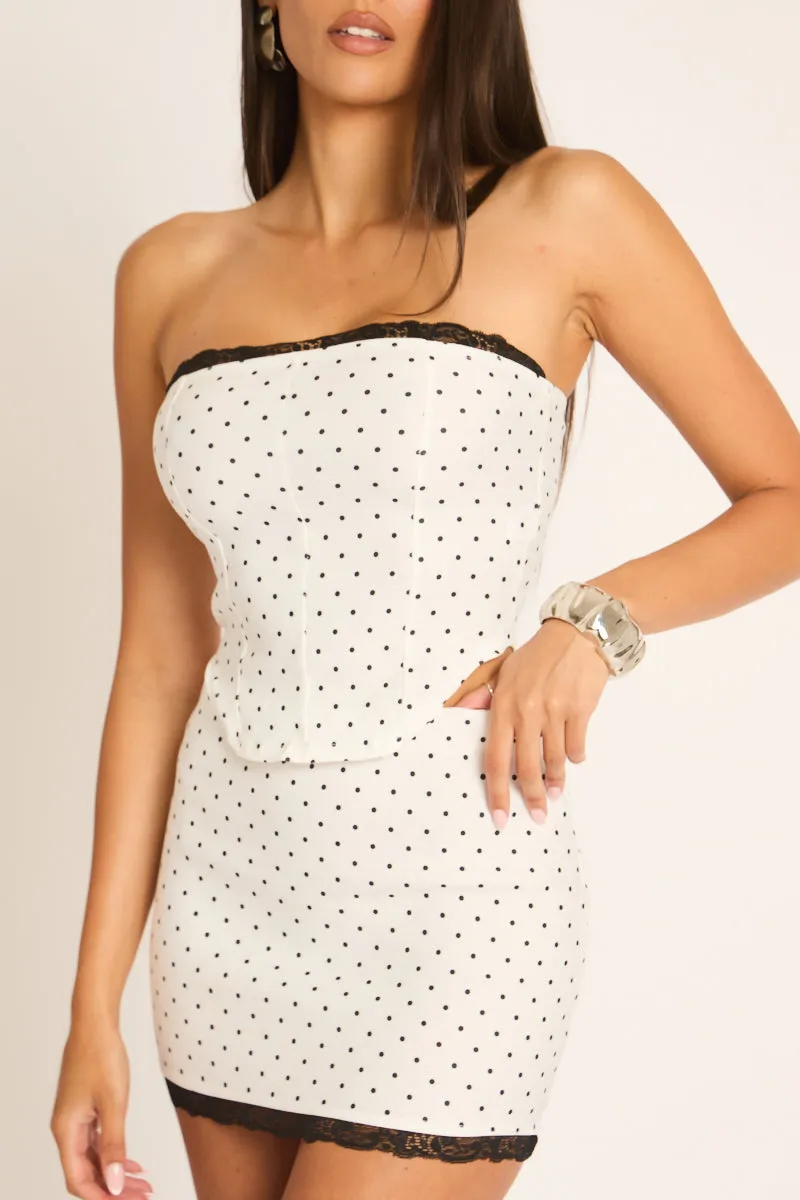 White Polka Dot Lace Trim Corset Top and Mini Skirt Co-ord Set - Lara sold by Rebellious Fashion product image thumbnail 4
