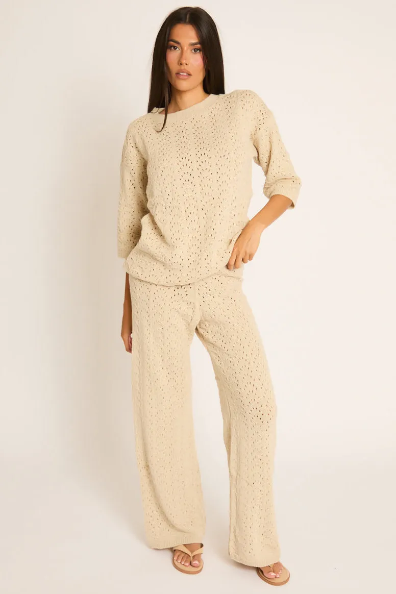 Beige Knit Short Sleeve Top and Wide Leg Trousers Co-ord Set - Lindsey sold by Rebellious Fashion product image thumbnail 2