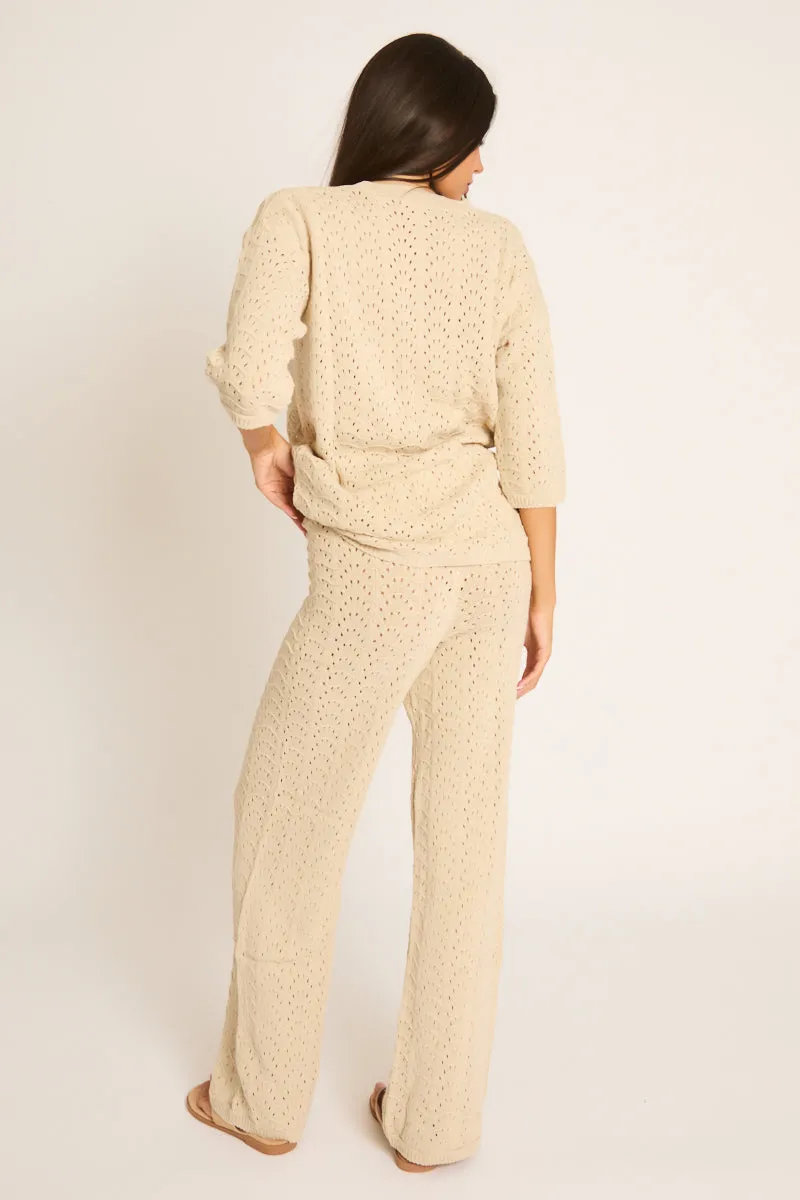Beige Knit Short Sleeve Top and Wide Leg Trousers Co-ord Set - Lindsey sold by Rebellious Fashion product image thumbnail 4