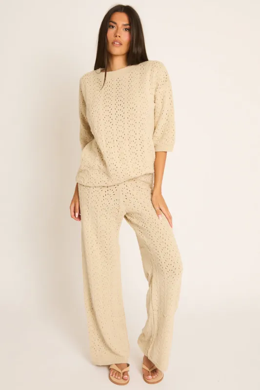 Beige Knit Short Sleeve Top and Wide Leg Trousers Co-ord Set - Lindsey made by Rebellious Fashion