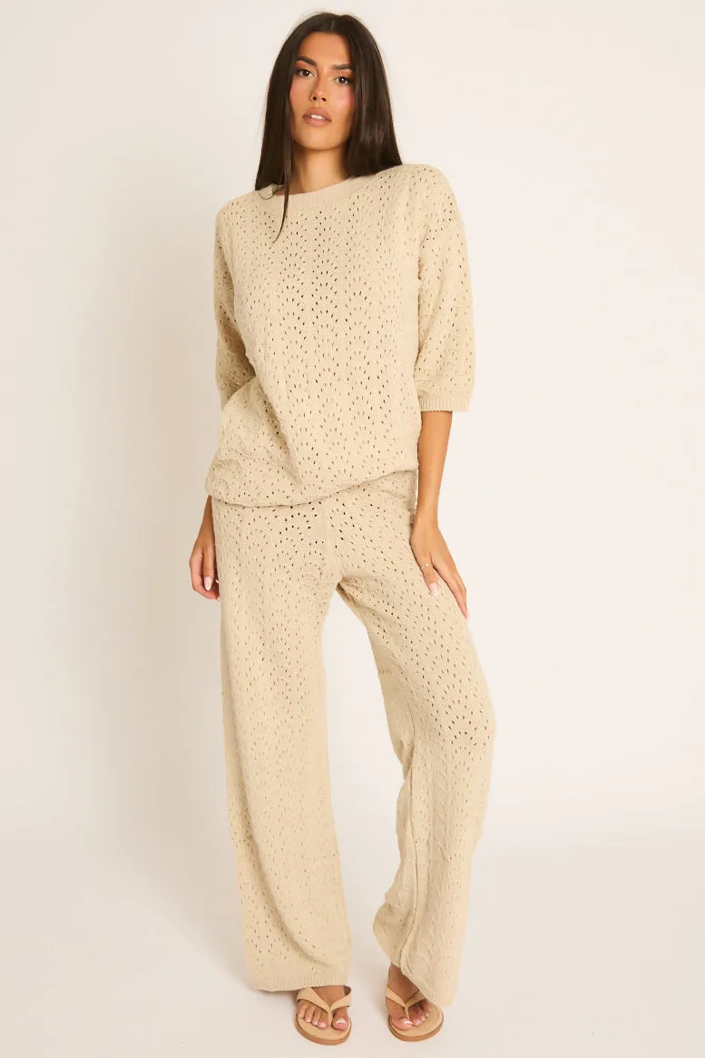 Beige Knit Short Sleeve Top and Wide Leg Trousers Co-ord Set - Lindsey sold by Rebellious Fashion