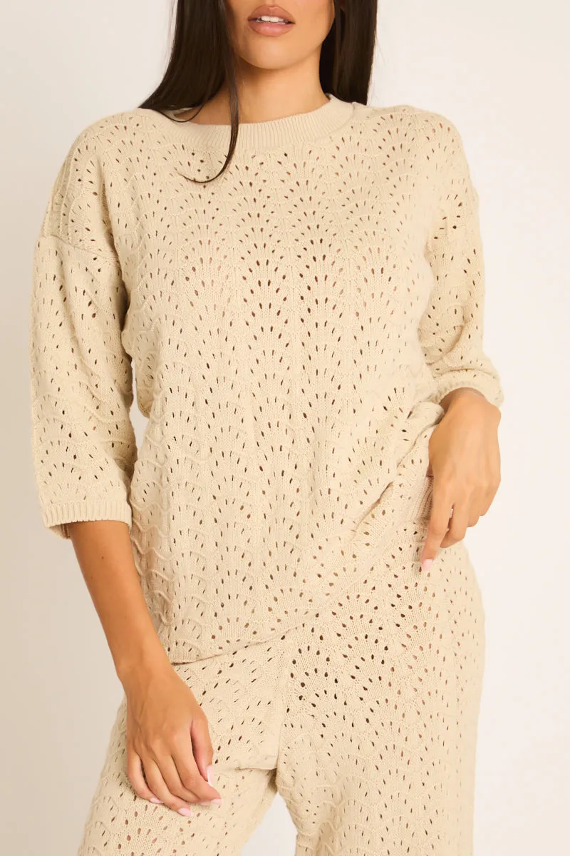Beige Knit Short Sleeve Top and Wide Leg Trousers Co-ord Set - Lindsey sold by Rebellious Fashion product image thumbnail 3