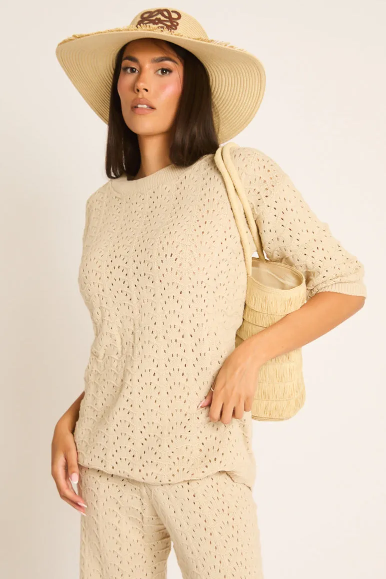 Beige Knit Short Sleeve Top and Wide Leg Trousers Co-ord Set - Lindsey sold by Rebellious Fashion product image thumbnail 5