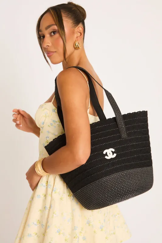 Black Logo Detail Woven Tote Bag - Emmay made by Rebellious Fashion