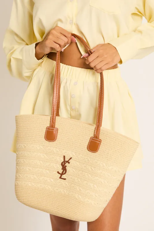 Beige Woven Logo Detail Tote Bag - Lacey made by Rebellious Fashion