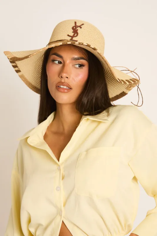Beige Woven Logo Detail Floppy Sun Hat - Kenza made by Rebellious Fashion