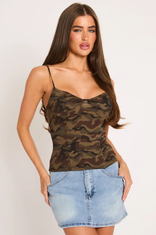 Green Camo Print Laced Back Corset Top - Kamisha made by Rebellious Fashion