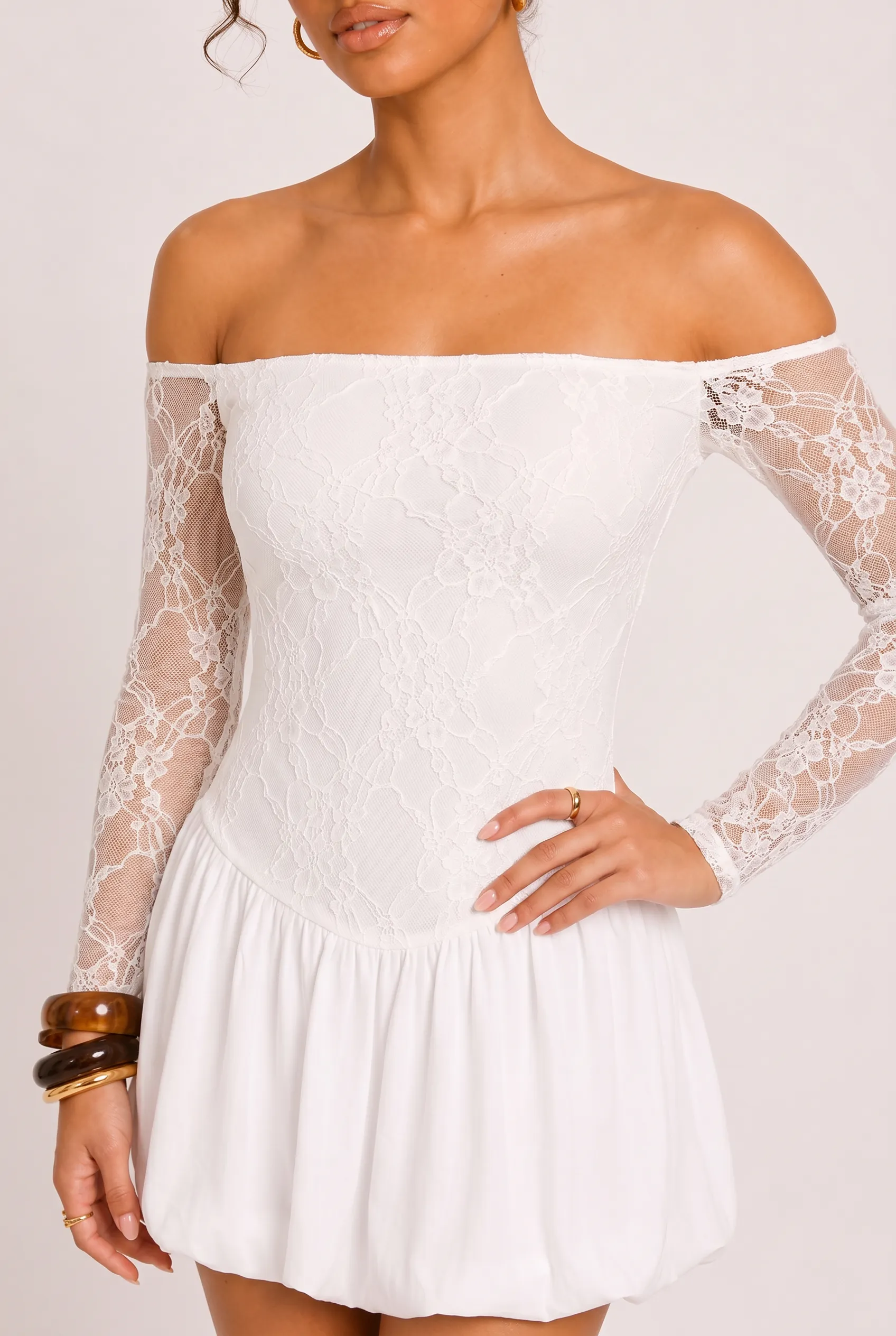 White Lace Long Sleeve Bardot Puffball Mini Dress - Catrina sold by Rebellious Fashion product image thumbnail 2