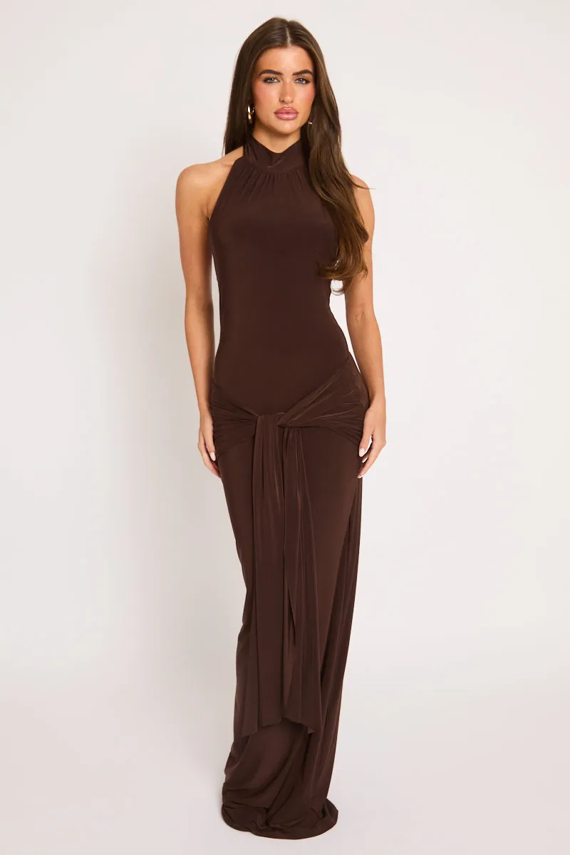 Chocolate High Neck Tie Front Maxi Dress - Janala sold by Rebellious Fashion product image thumbnail 5