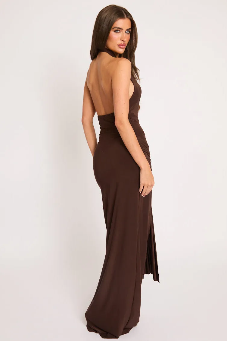 Chocolate High Neck Tie Front Maxi Dress - Janala sold by Rebellious Fashion product image thumbnail 4