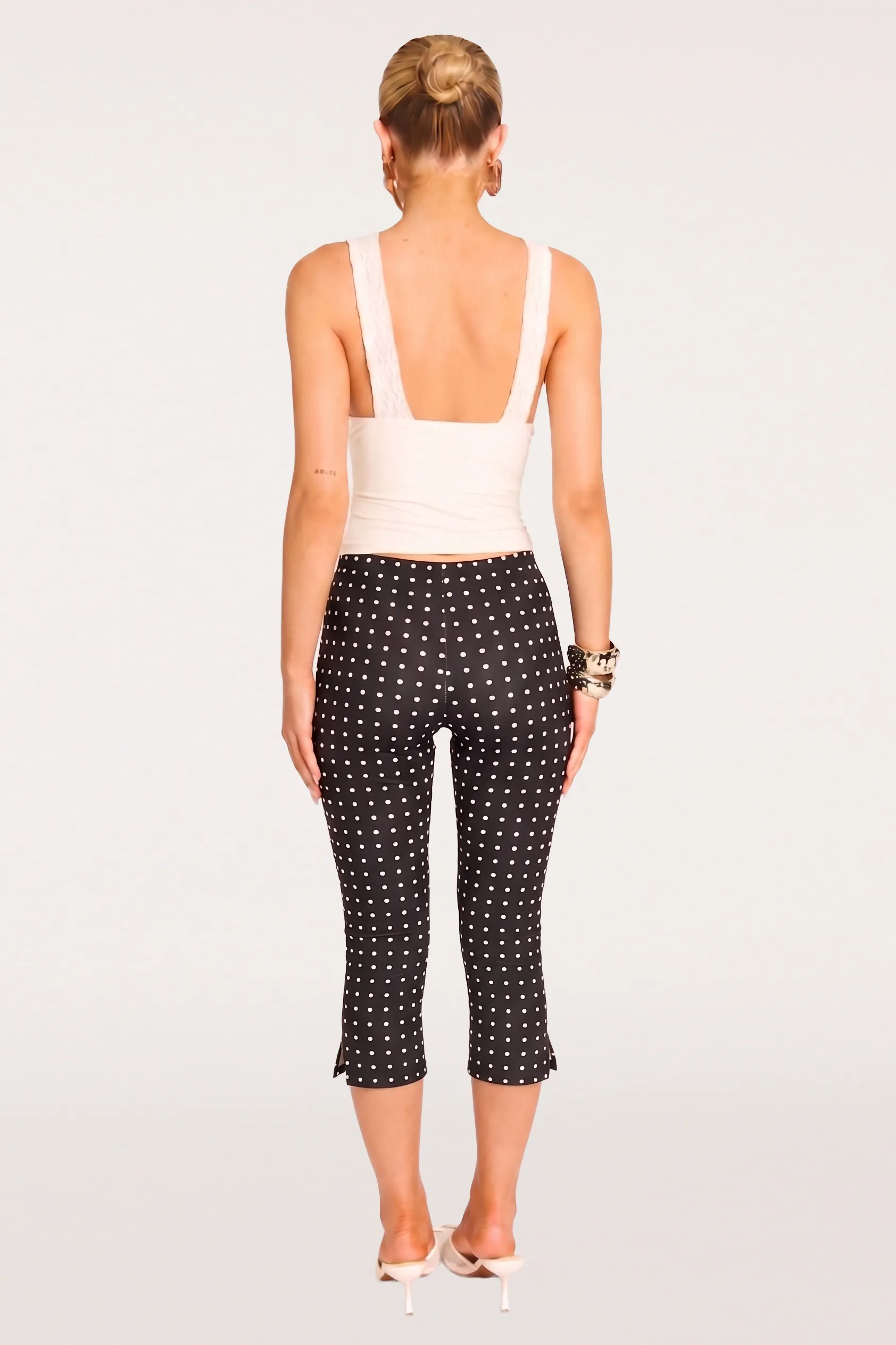 Black Polka Dot Bengaline Split Hem Capri Pants - Claudia sold by Rebellious Fashion product image thumbnail 3