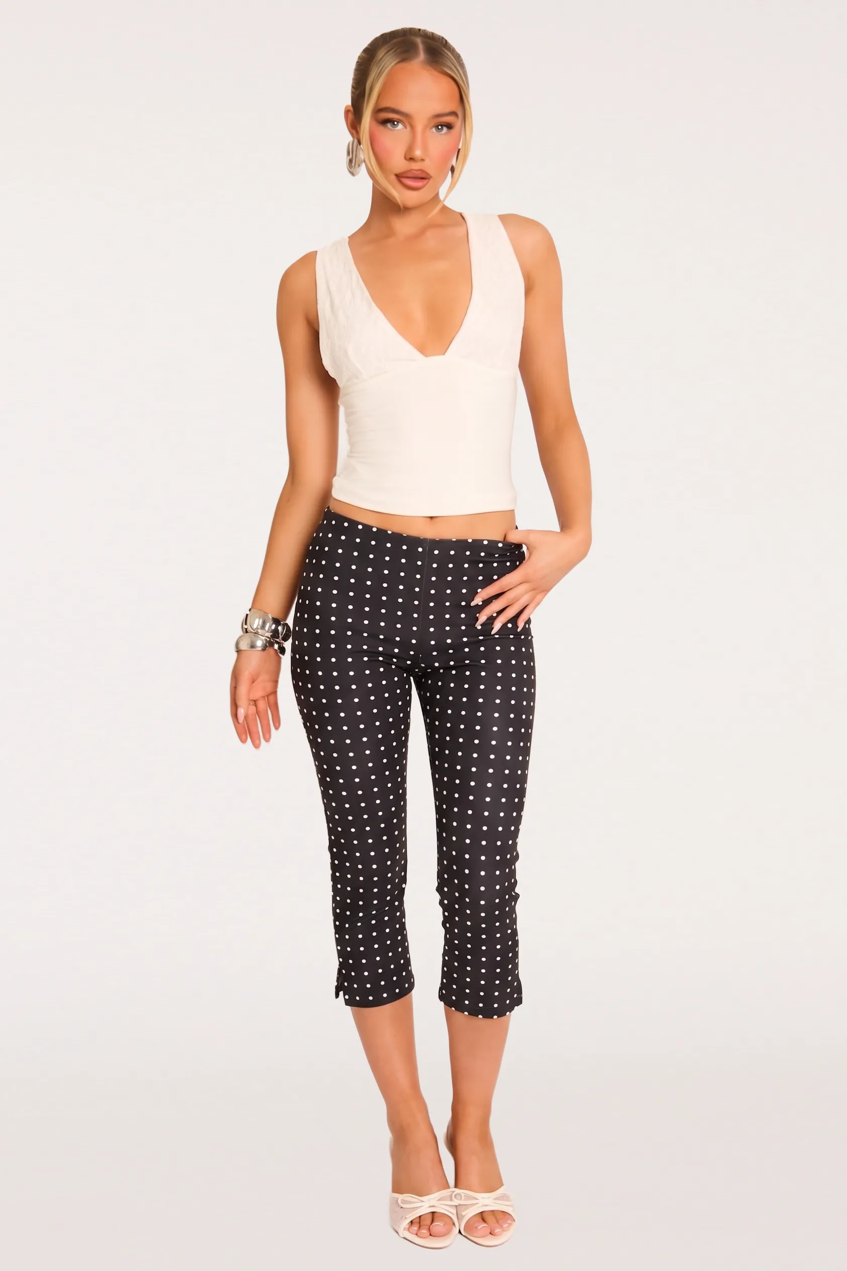 Black Polka Dot Bengaline Split Hem Capri Pants - Claudia sold by Rebellious Fashion