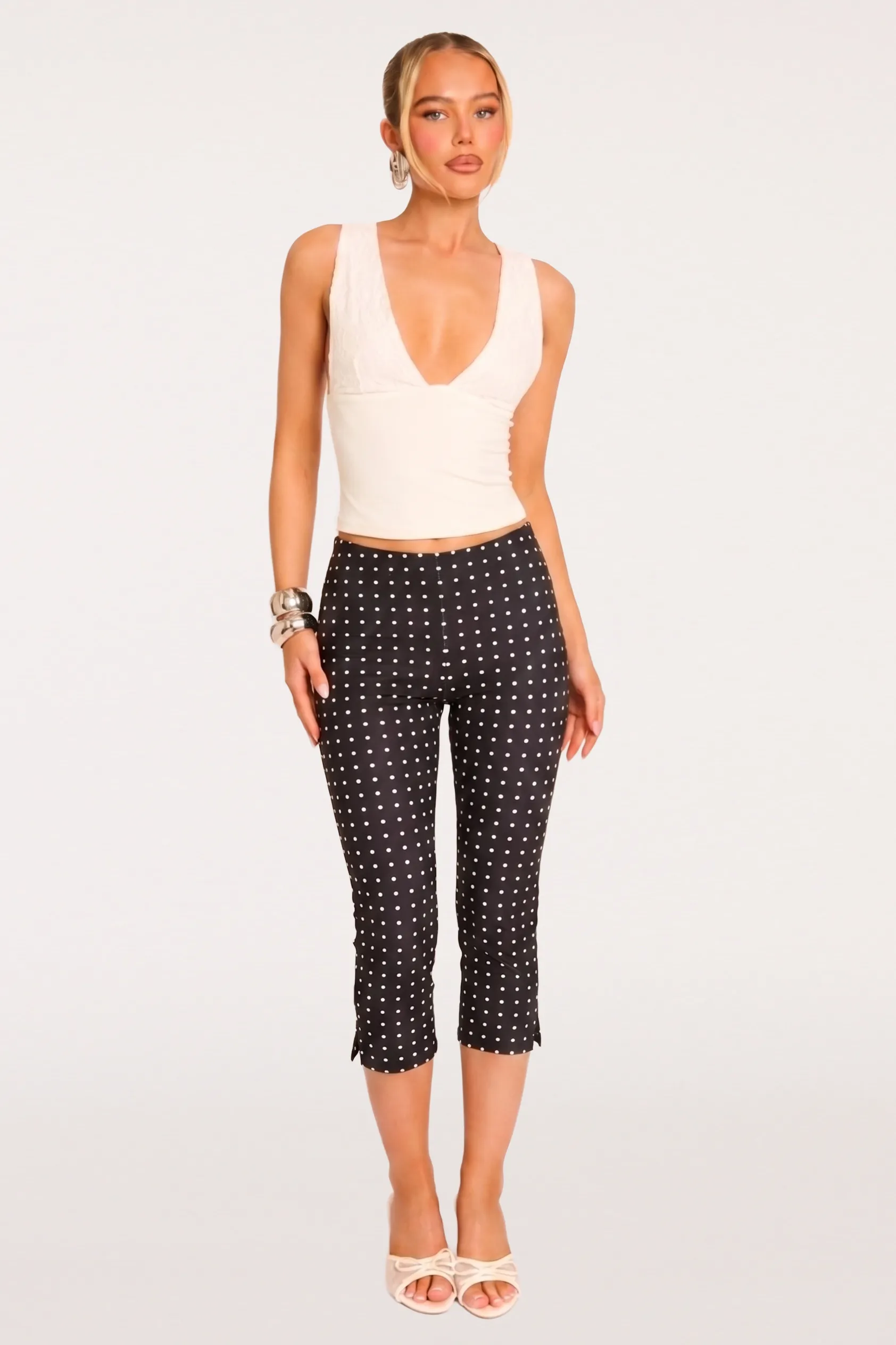 Black Polka Dot Bengaline Split Hem Capri Pants - Claudia sold by Rebellious Fashion product image thumbnail 4