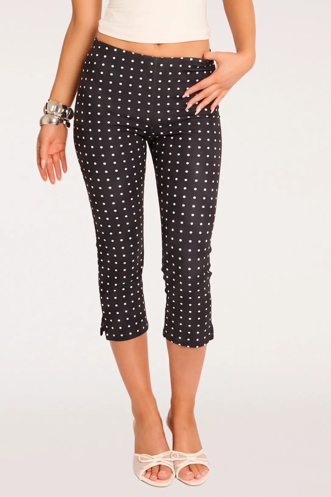 Black Polka Dot Bengaline Split Hem Capri Pants - Claudia sold by Rebellious Fashion product image thumbnail 2