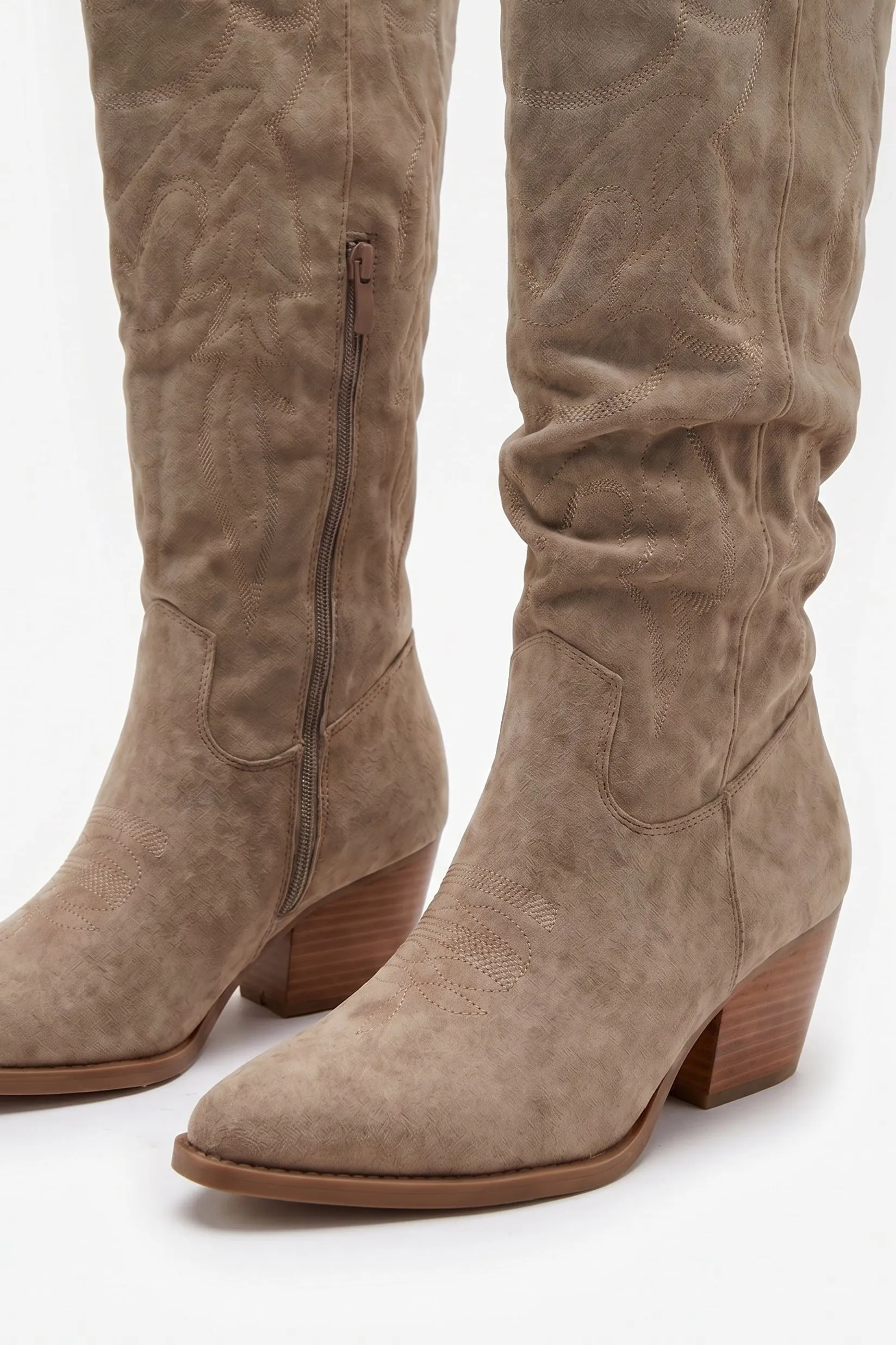 Taupe Faux Suede Embroidered Western Knee High Cowboy Boots - Aylin sold by Rebellious Fashion product image thumbnail 2