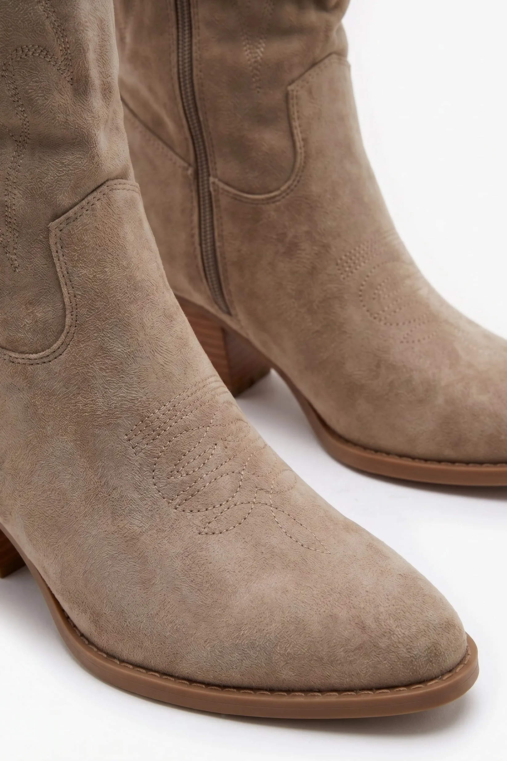 Taupe Faux Suede Embroidered Western Knee High Cowboy Boots - Aylin sold by Rebellious Fashion product image thumbnail 3