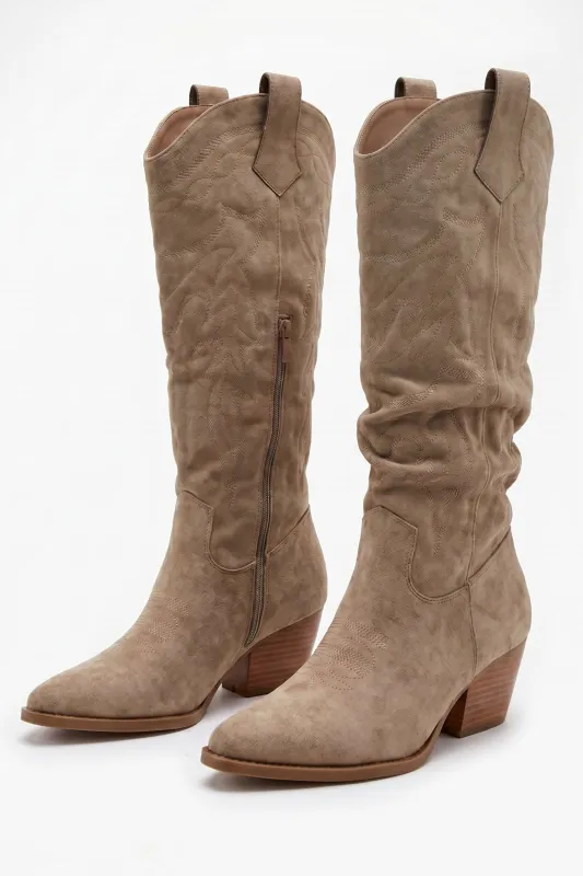 Taupe Faux Suede Embroidered Western Knee High Cowboy Boots - Aylin made by Rebellious Fashion