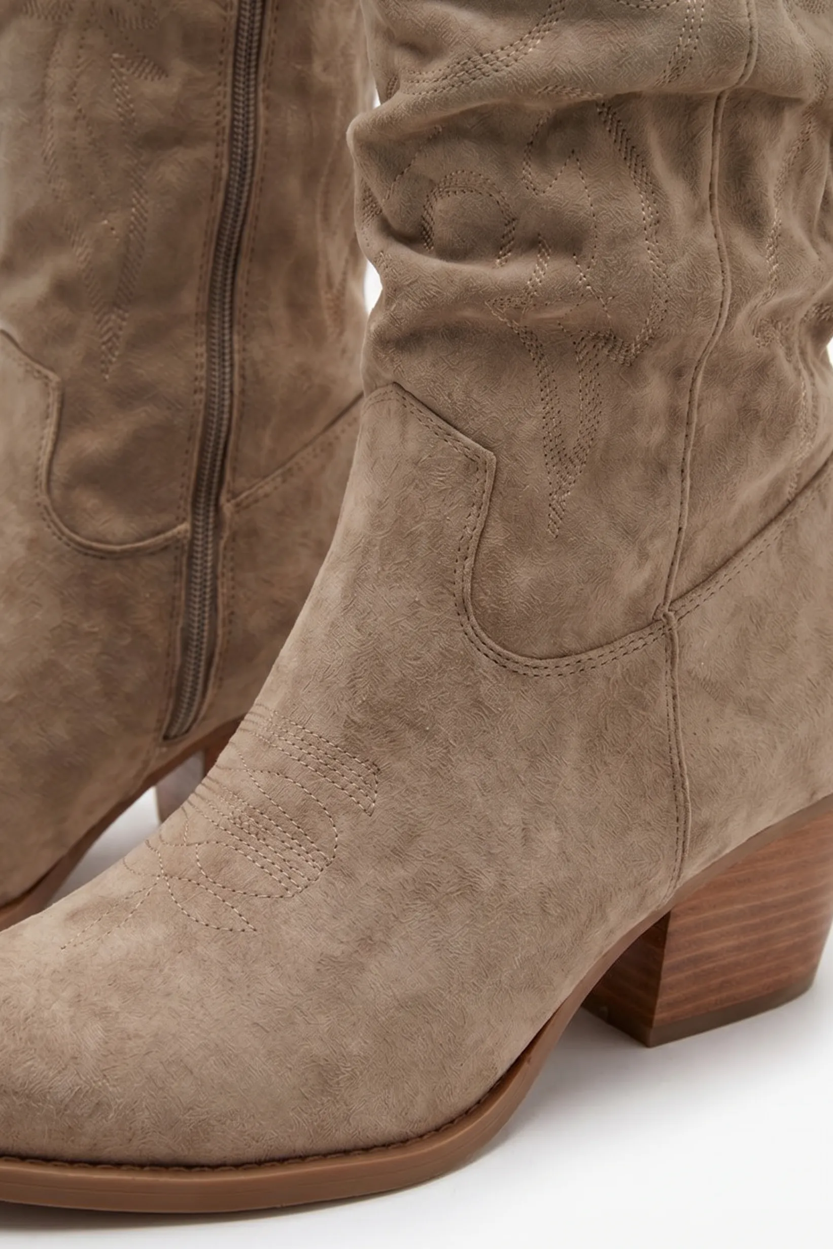 Taupe Faux Suede Embroidered Western Knee High Cowboy Boots - Aylin sold by Rebellious Fashion product image thumbnail 4