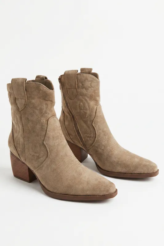 Taupe Faux Suede Embroidered Western Cowboy Ankle Boots - Mindy made by Rebellious Fashion
