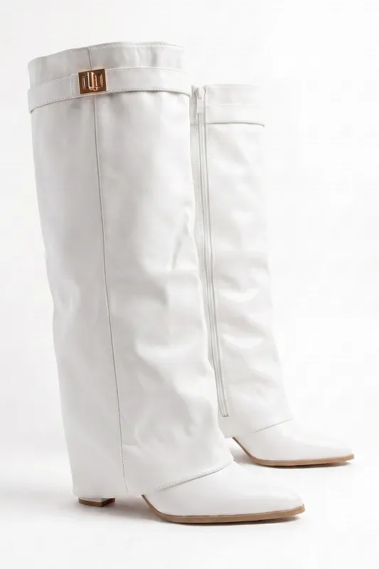 White PU Trim Detail Layered Knee High Boots - Izzy made by Rebellious Fashion