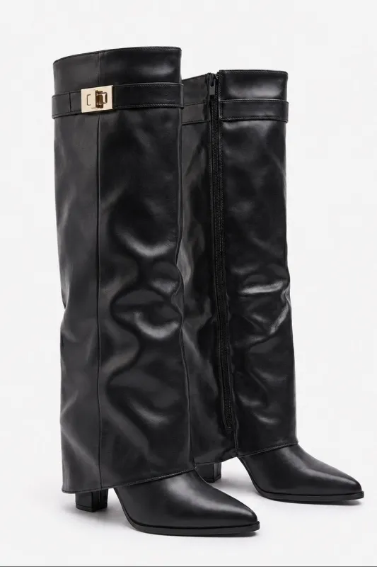 Black PU Trim Detail Layered Knee High Boots - Izzy made by Rebellious Fashion