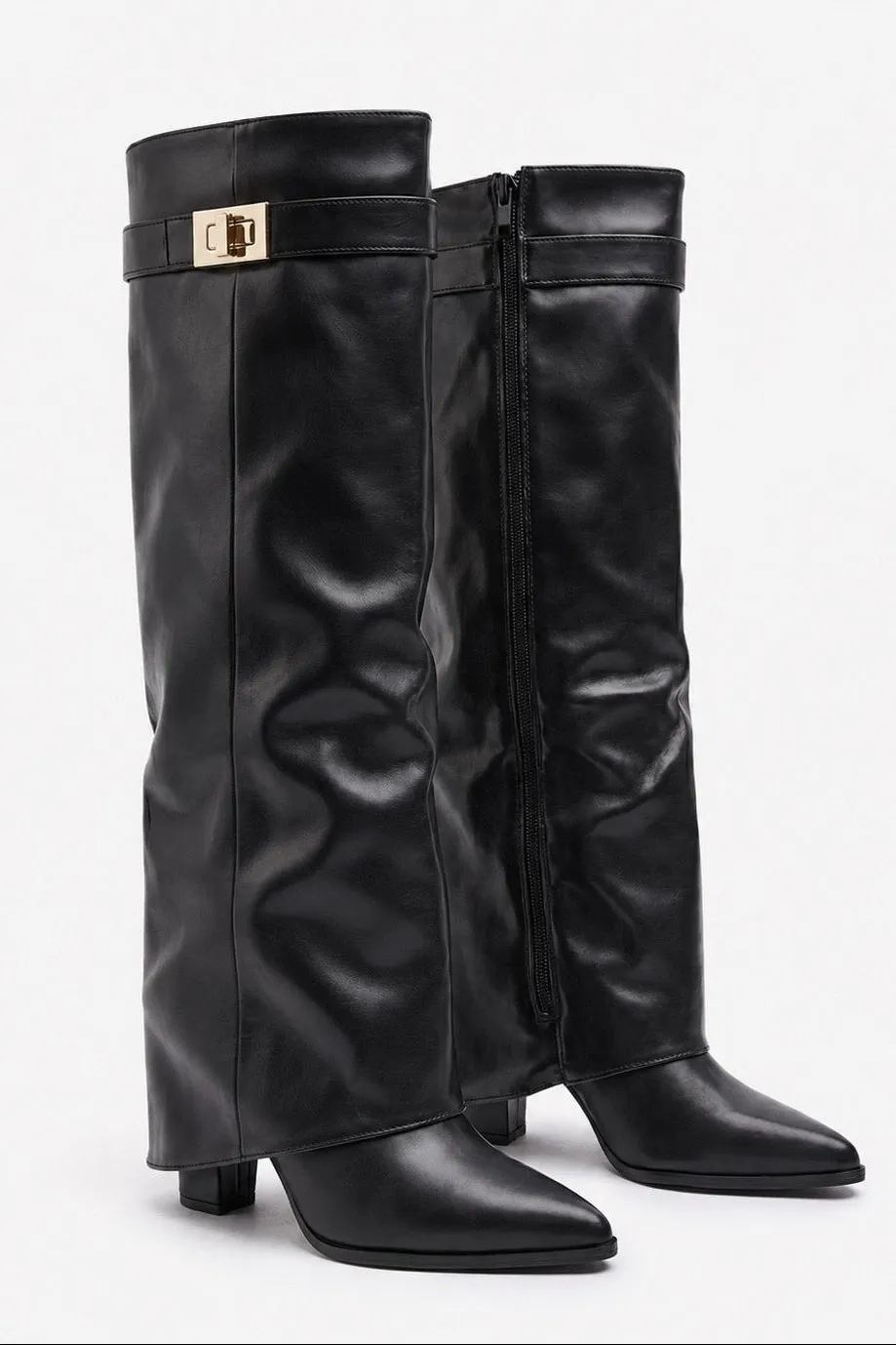 Black PU Trim Detail Layered Knee High Boots - Izzy sold by Rebellious Fashion