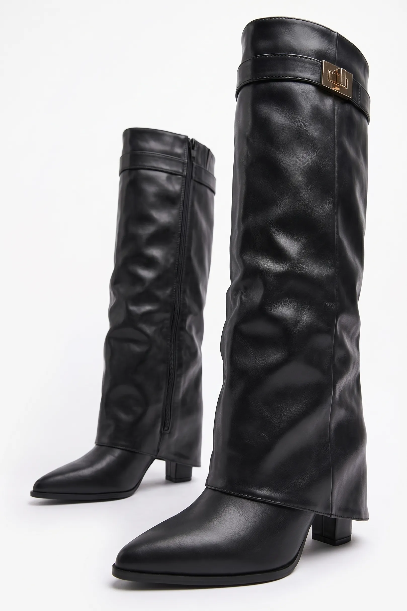 Black PU Trim Detail Layered Knee High Boots - Izzy sold by Rebellious Fashion product image thumbnail 2