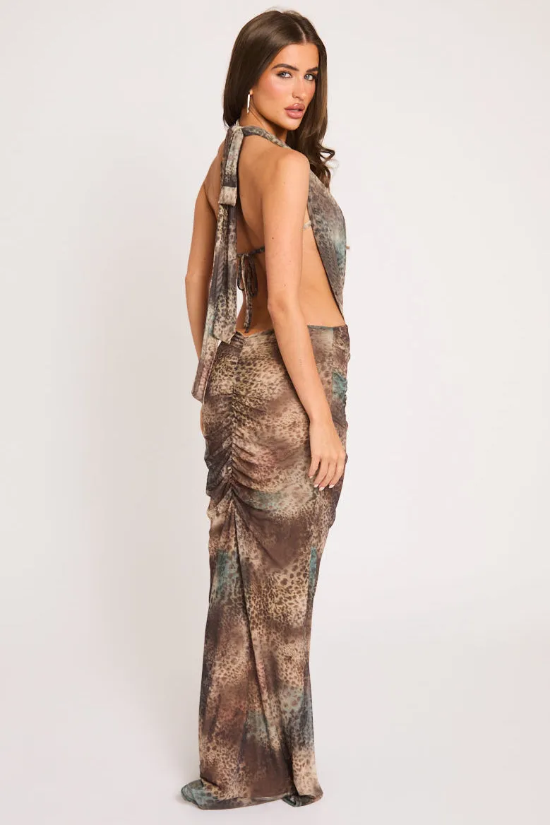 Brown Leopard Print Cowl Halter Maxi Dress - Moyra sold by Rebellious Fashion product image thumbnail 4