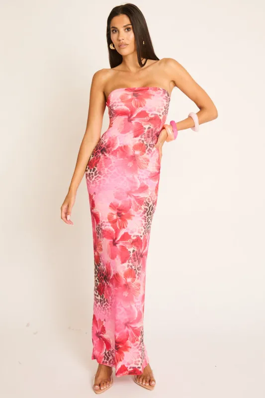 Pink Floral Leopard Bandeau Maxi Dress - Elora made by Rebellious Fashion