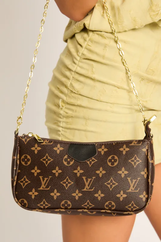Brown Monogram Chain Detail Shoulder Bag - Finley made by Rebellious Fashion