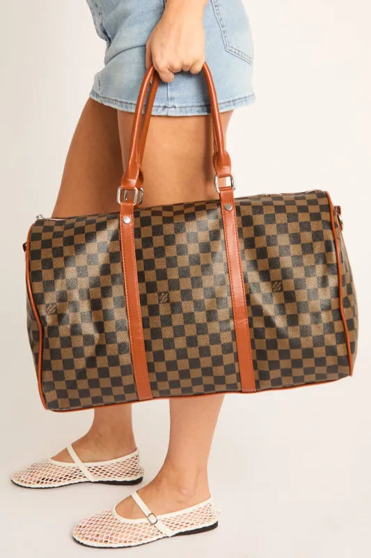 Brown Checkered Logo Detail Travel Bag - Jacey made by Rebellious Fashion