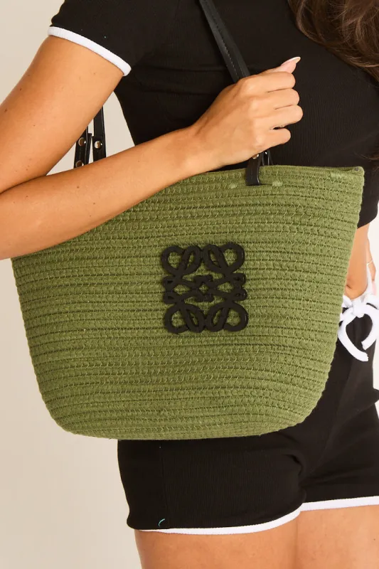 Khaki Woven Logo Detail Beach Bag - Latoya made by Rebellious Fashion