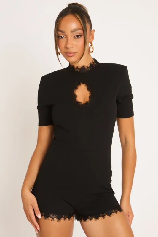 Black Shoulder Pad Lace Trim Playsuit - Janelle made by Rebellious Fashion