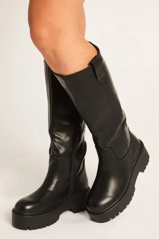 Black PU Chunky Sole Knee High Boots - Dree made by Rebellious Fashion