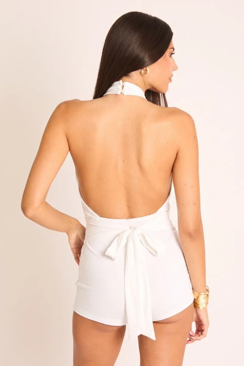 White Tie Detail Ruched Halter Playsuit - Alicia sold by Rebellious Fashion product image thumbnail 5