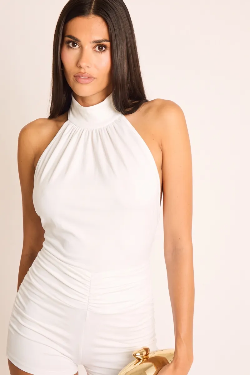White Tie Detail Ruched Halter Playsuit - Alicia sold by Rebellious Fashion product image thumbnail 4