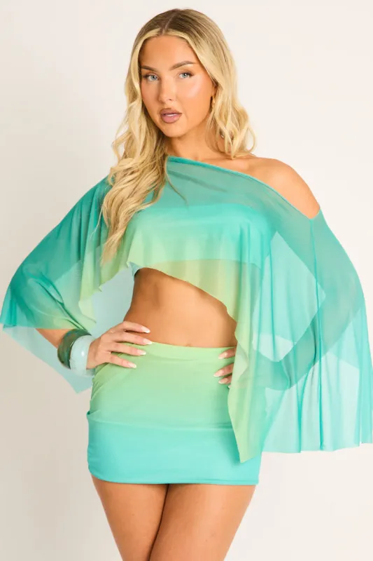 Turquoise Ombre Mesh Cape 3 Piece Co-ord Set - Freddie made by Rebellious Fashion