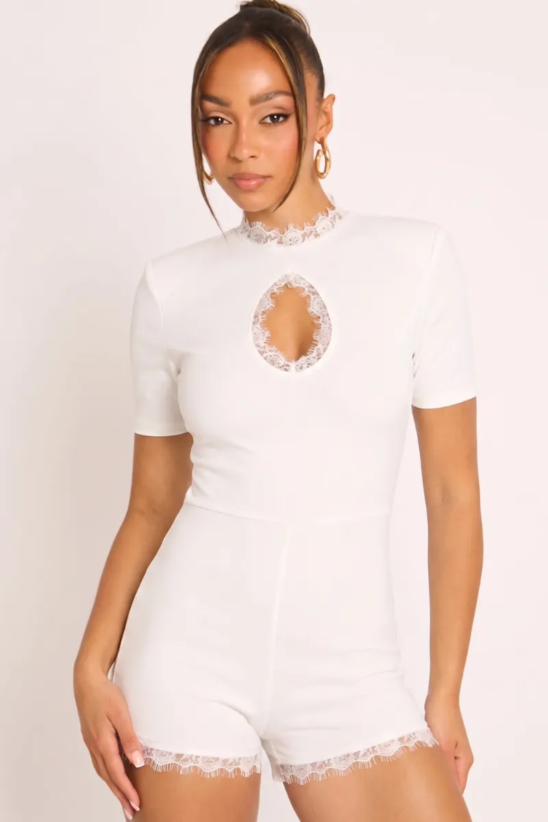 White Shoulder Pad Lace Trim Playsuit - Janelle sold by Rebellious Fashion product image thumbnail 5