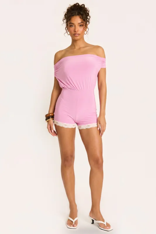 Pink Off Shoulder Bardot Lace Trim Playsuit - Jojo made by Rebellious Fashion