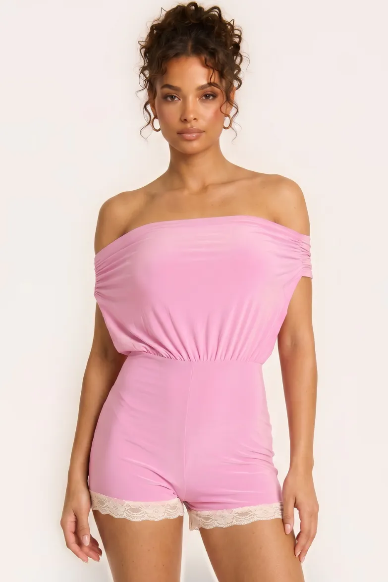 Pink Off Shoulder Bardot Lace Trim Playsuit - Jojo sold by Rebellious Fashion product image thumbnail 2