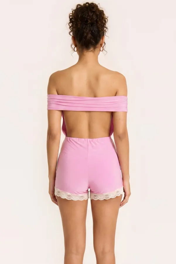 Pink Off Shoulder Bardot Lace Trim Playsuit - Jojo sold by Rebellious Fashion product image thumbnail 5