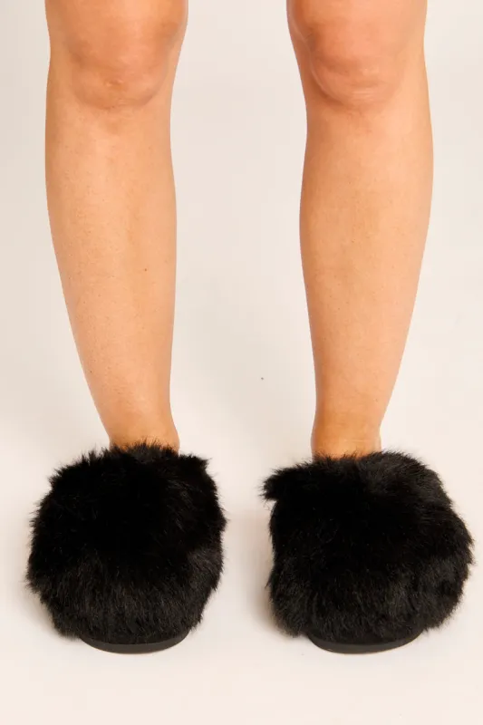 Black Fluffy Mule Slippers - Syliva made by Rebellious Fashion