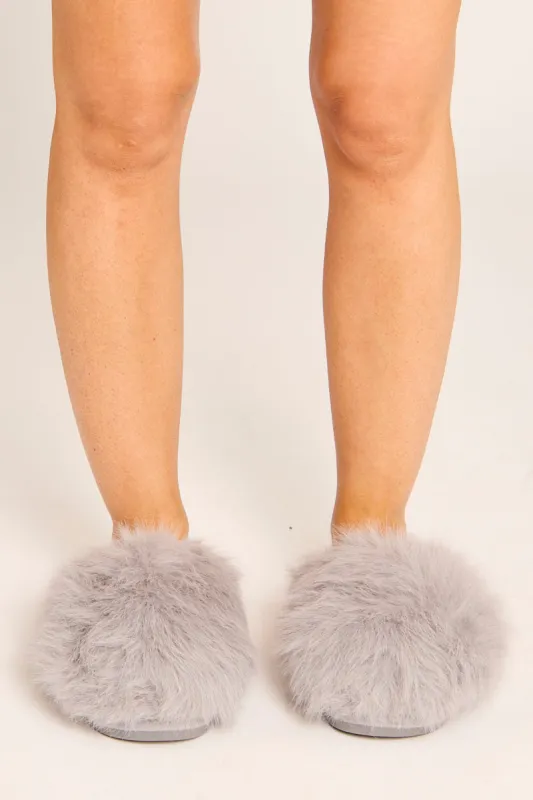 Grey Fluffy Mule Slippers - Syliva made by Rebellious Fashion