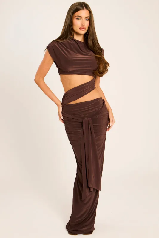 Chocolate One Shoulder Cut Out Drape Mini Dress - Torie made by Rebellious Fashion