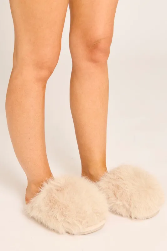 Taupe Fluffy Mule Slippers - Syliva made by Rebellious Fashion