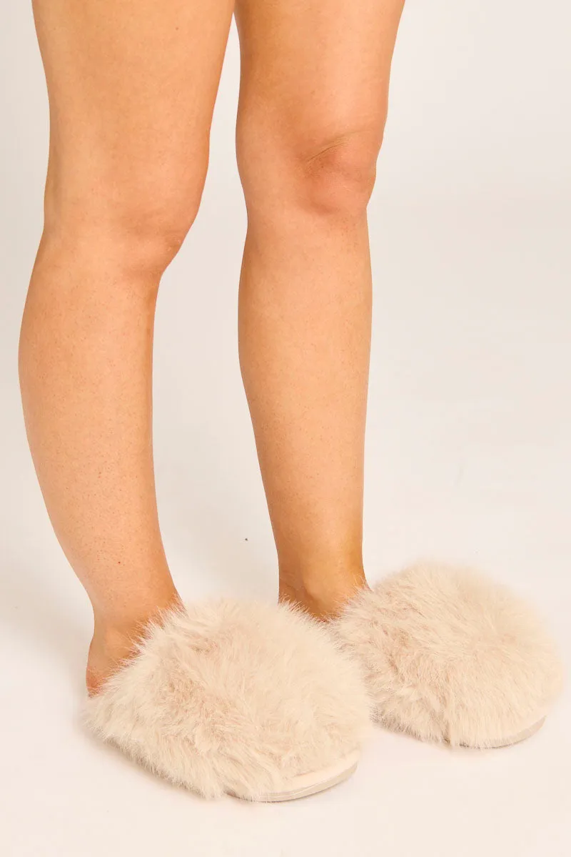 Taupe Fluffy Mule Slippers - Syliva sold by Rebellious Fashion