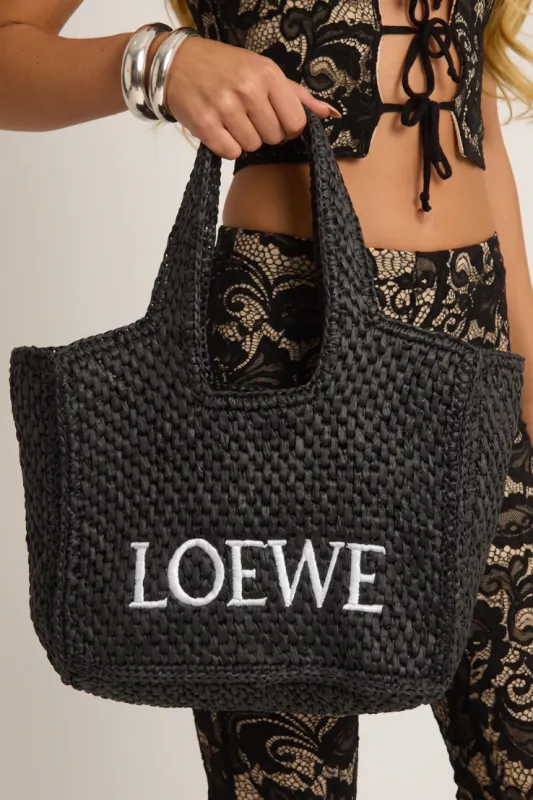 Black Logo Detail Woven Raffia Tote Bag - Elanor made by Rebellious Fashion