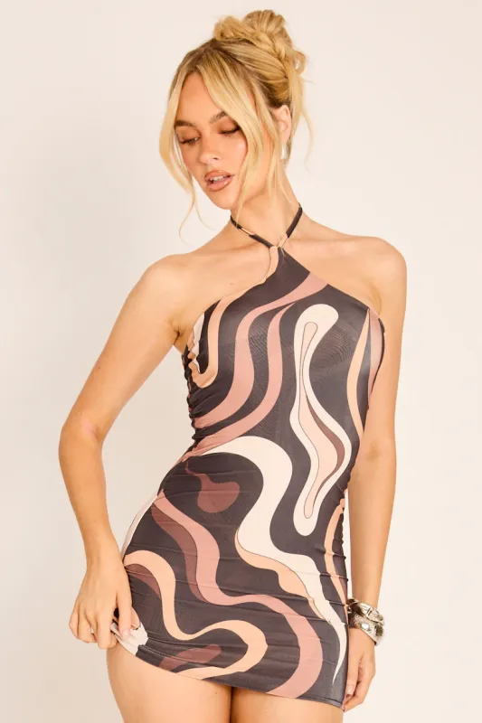 Brown Abstract Print Halter Mini Dress - Radley made by Rebellious Fashion